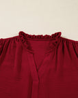 Solid Notched Neck Shirred Cuff Long Sleeve Blouse