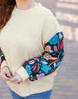 White Floral Patchwork Sleeve Textured Plus Size Pullover Top