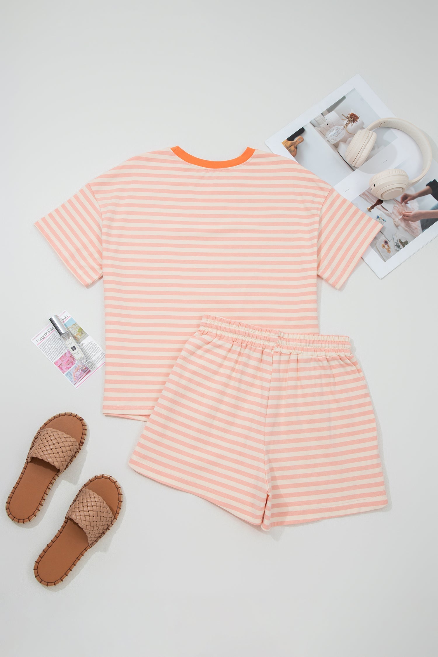 Stripe Contrast Trim Tee &amp; Drawstring Shorts Set