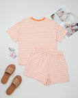 Stripe Contrast Trim Tee & Drawstring Shorts Set