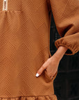 Textured Quarter Zip Collar 3/4 Sleeve Mini Dress