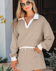 Colorblock Raw Edge Pullover and Drawstring Skirt Set