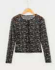 Black Floral Print Mesh Tank Button Front Slim Cardigan 2pcs Set