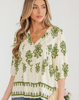 Boho Abstract Tie V-Neck Puff Sleeve Shirt