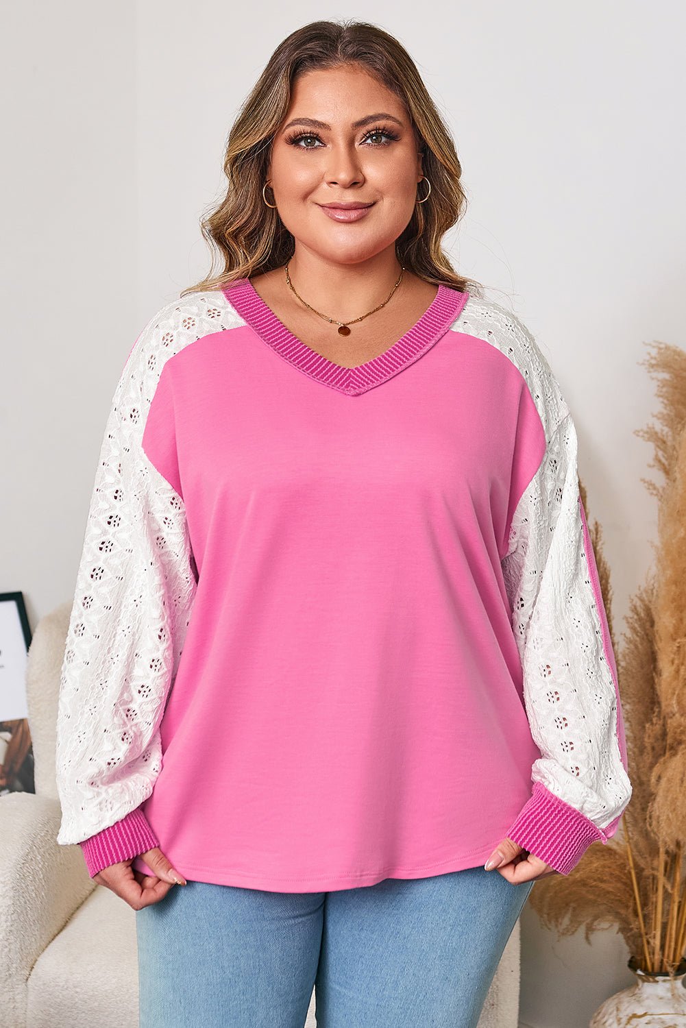 Bonbon Lace Striped Patchwork Long Sleeve Corded V Neck Plus Size Top