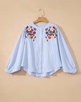 Floral Embroidered Stripe Billowy Sleeve Tunic Shirt