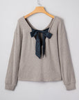 Bow Back Ribbed Knit V-Neck Drop Shoulder Top