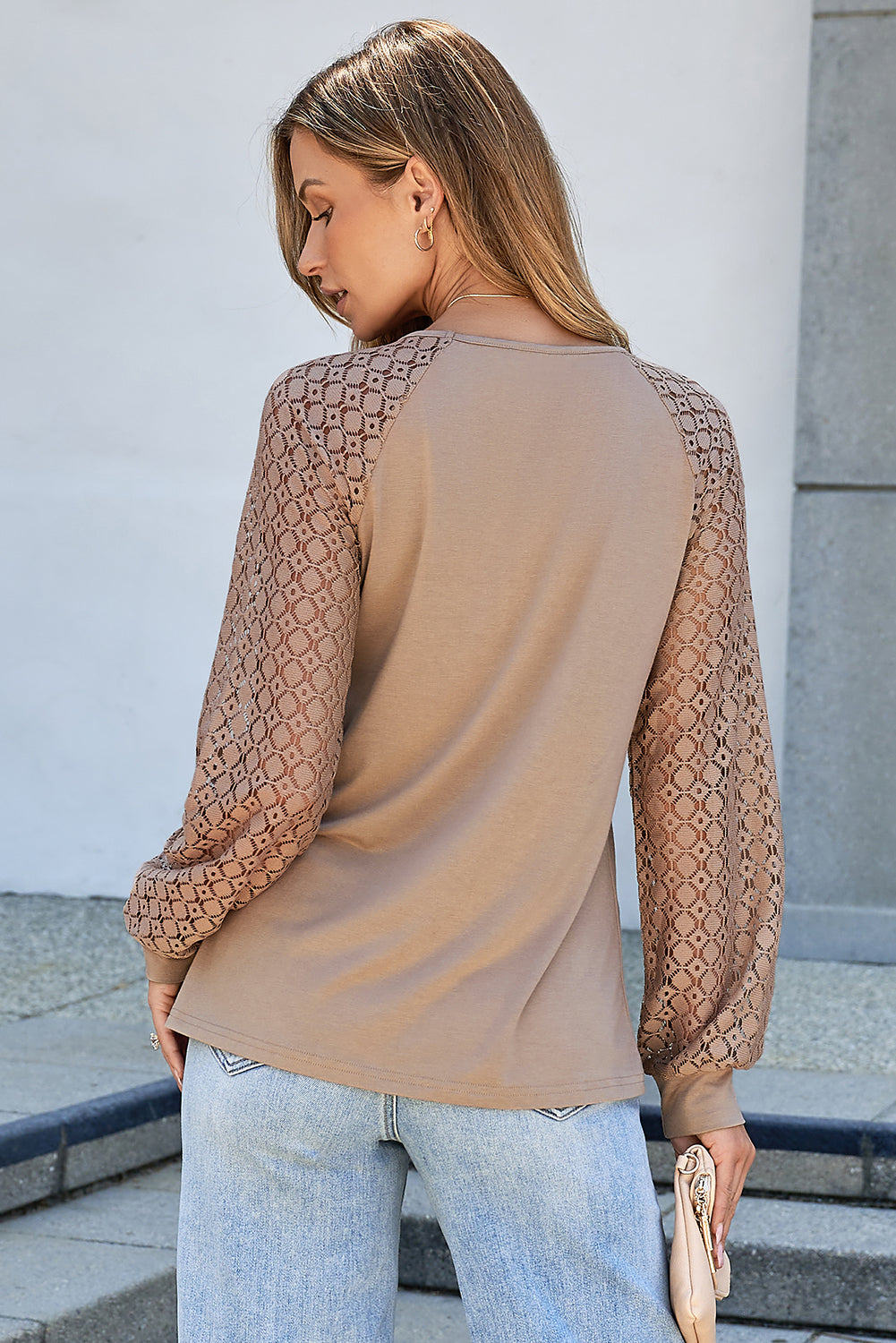 Lace Patchwork Raglan Sleeve Pleated Top
