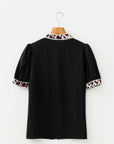 Leopard Trim Puff Sleeve Buttoned V-Neck Shirt