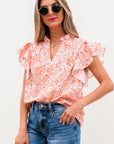 Floral Ruffle Sleeve Split Neck Blouse