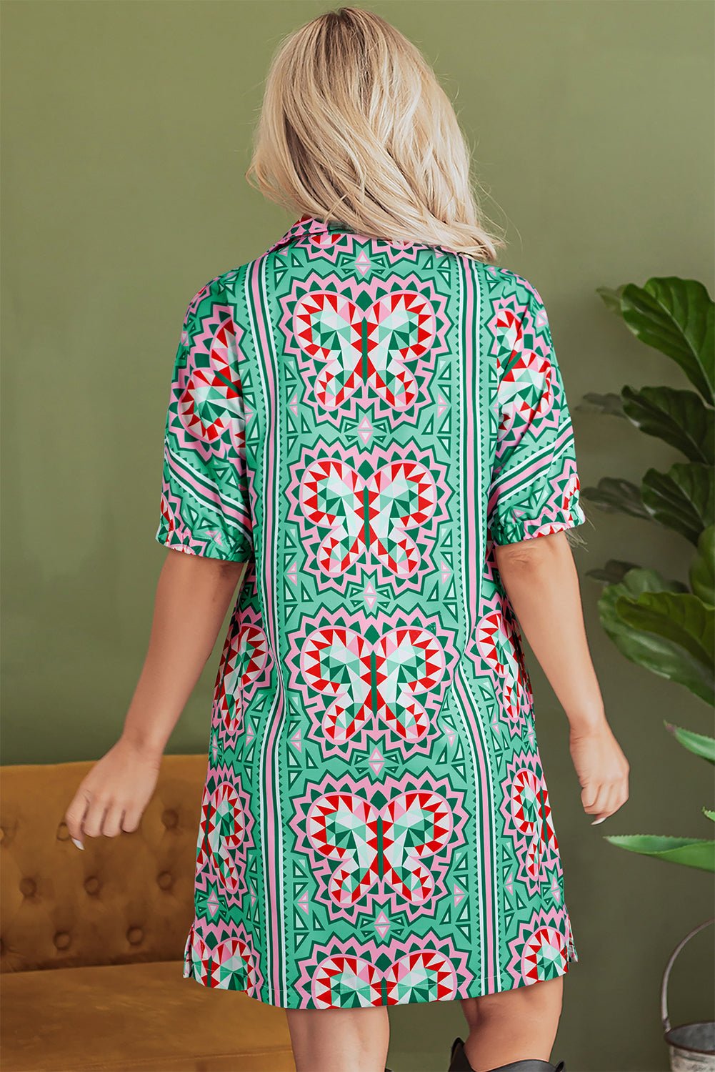 Isabela Butterfly Print Split Neck Short Sleeve Dress