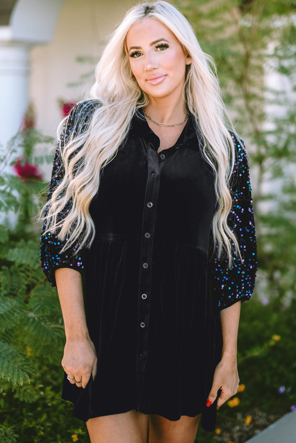 Velvet Sequin Puff Sleeve Buttoned Peplum Shirt