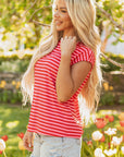 Stripe Ribbed Cap Sleeve Round Neck T-Shirt