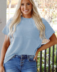 Solid Corded Knit Mock Neck T-Shirt