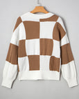 Checker Buttoned V-Neck Sweater Cardigan