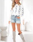 Floral Embroidered Scallop Hem Sweater
