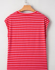 Stripe Ribbed Cap Sleeve Round Neck T-Shirt