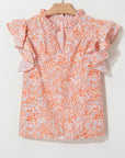 Floral Ruffle Sleeve Split Neck Blouse