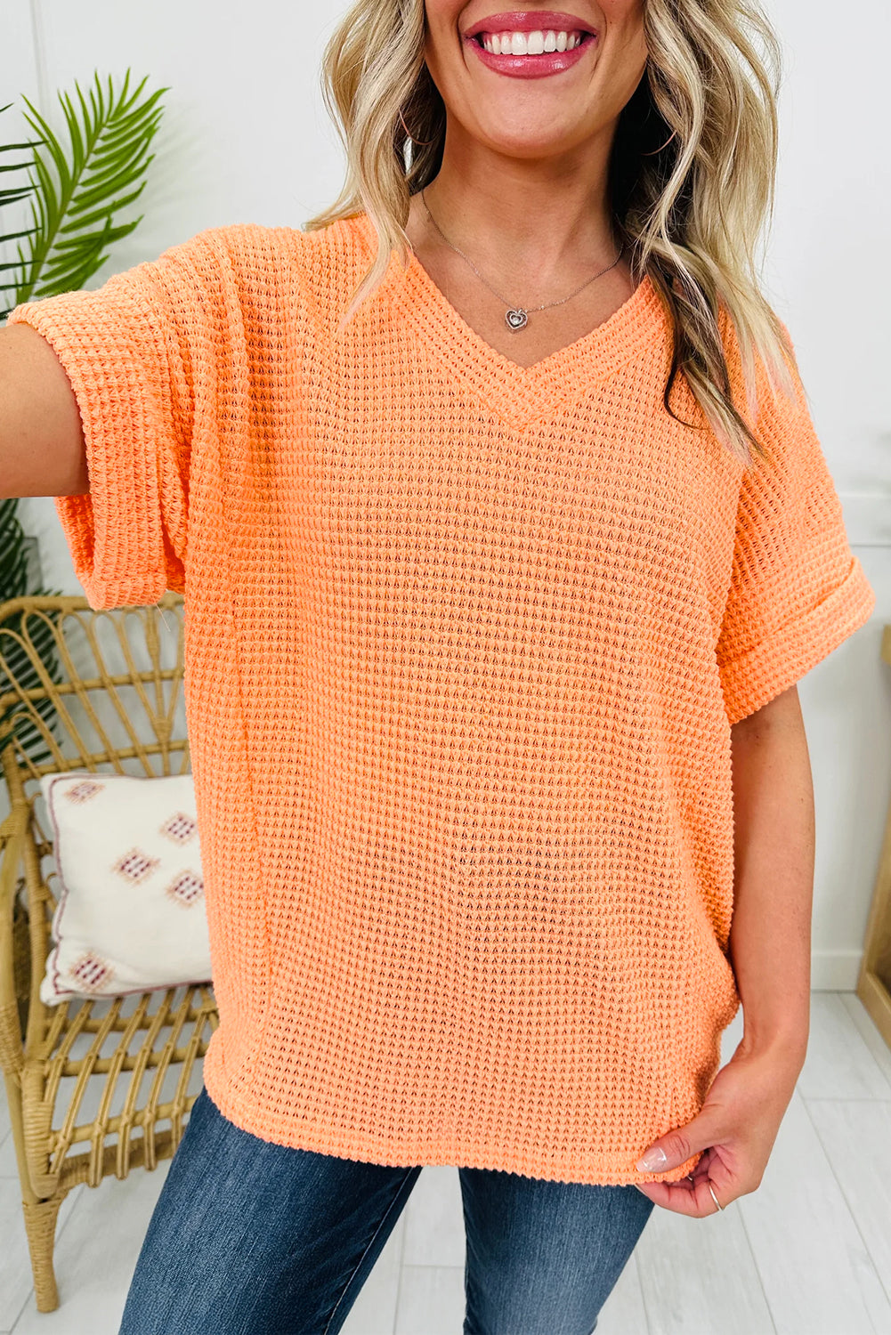 Solid Waffle Knit V-Neck Short Sleeve Top