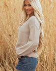 Ribbed Patchwork Textured Knit Puff Sleeve Sweater