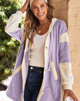 Waffle Knit Colorblock Patchwork Buttoned Hoodie