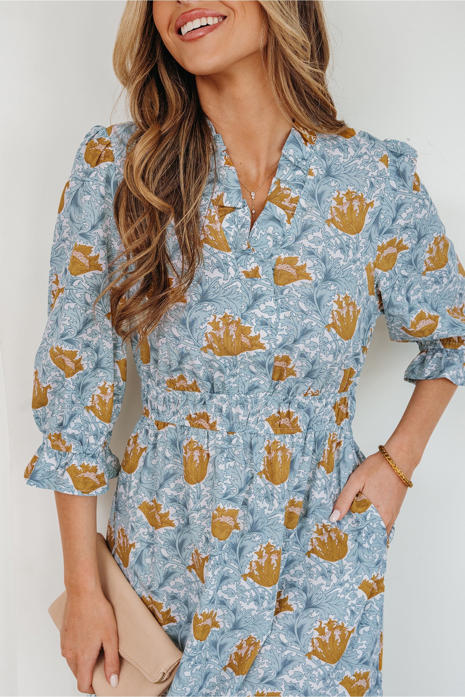 Floral Frilled V-Neck 3/4 Sleeve Midi Dress