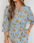 Floral Frilled V-Neck 3/4 Sleeve Midi Dress