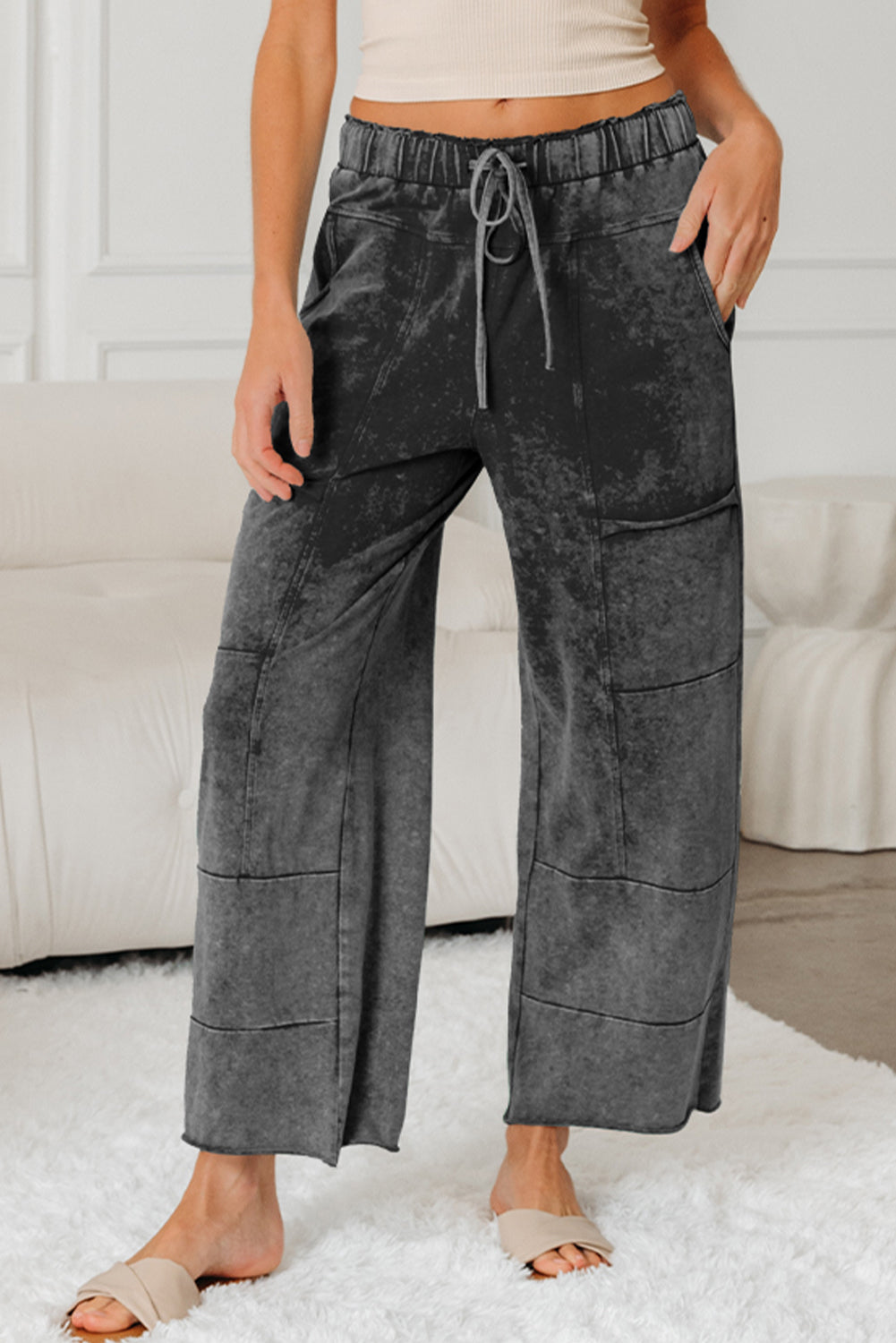 Mineral Wash High Waist Raw Hem Pants