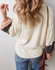 Floral Patchwork Textured Knit V-Neck Blouse
