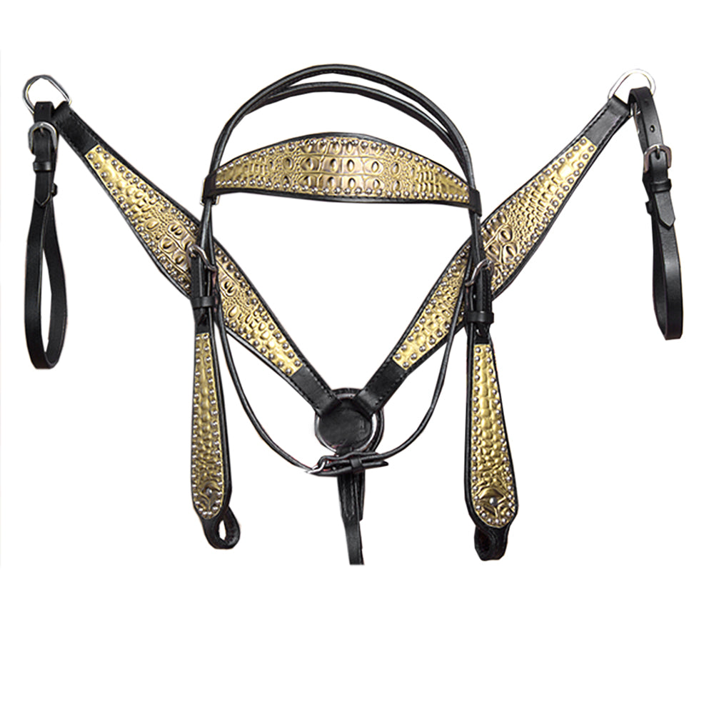HILASON Western American Leather Horse Headstall &amp; Breast Collar Tack Set Black &amp; Croc Gold