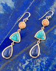 Blue Lapis, Turquoise and Orange Sponge Coral Golden Drop Earrings