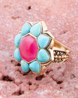 Blue Turquoise and Red Quartz Flower Golden Ring