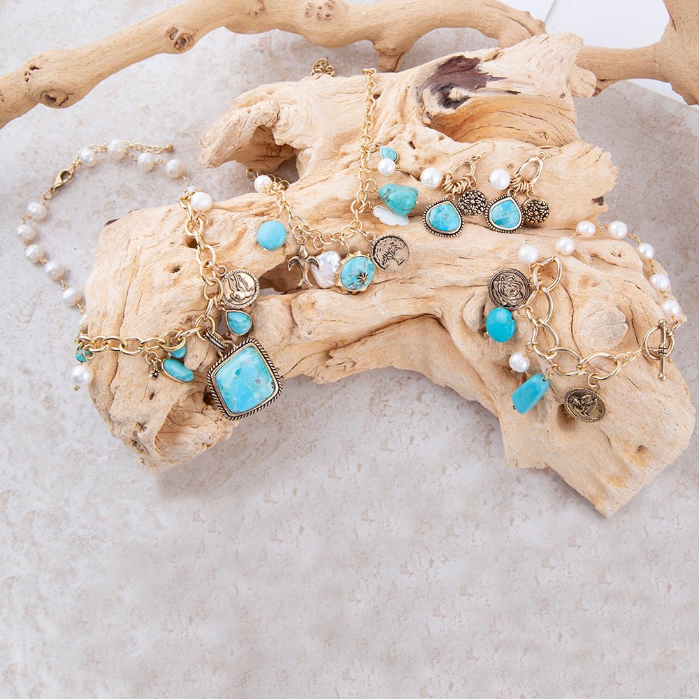 Blue Turquoise and White Pearl Multi Charm Golden Charm Earrings