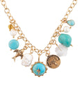 Blue Turquoise and White Pearl Multi Charm Golden Necklace