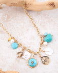 Blue Turquoise and White Pearl Multi Charm Golden Necklace