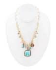 Blue Turquoise and White Pearl Multi Pendant Golden Necklace