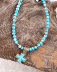 Blue Turquoise Cross Golden Pendant Necklace