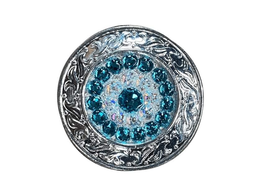 Teal &amp; AB Bright Silver 1.5" Disc European Crystal Concho