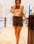 Brown PU Leather Belted High Waist Shorts -Bottoms