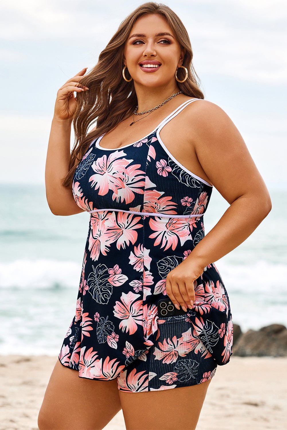 Plus Size Ribbed Contrast Trim Tankini Swimsuit Set