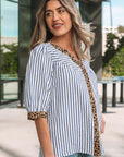 Stripe Leopard Trim V-Neck Buttoned Short Sleeve Shirt