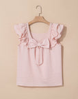 Textured Bow Back Frilled Butterfly Sleeve Blouse