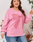 Plus Size Waffle Bowknot Patchwork Mineral Wash Sweatshirt