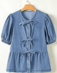 Tied Front Bubble Sleeve Peplum Denim Shirt