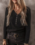 Solid Ribbed V-Neck Buttoned Long Sleeve Top