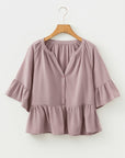 Solid Split V-Neck Ruffle Sleeve Peplum Blouse