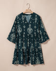 Boho Floral Lettuce Trim 3/4 Sleeve Mini Dress