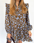 Floral Ruffle Shirt Collar Buttoned Long Sleeve Dress