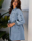 Molly Smocked Cuffs Flared Denim Shirt Mini Dress