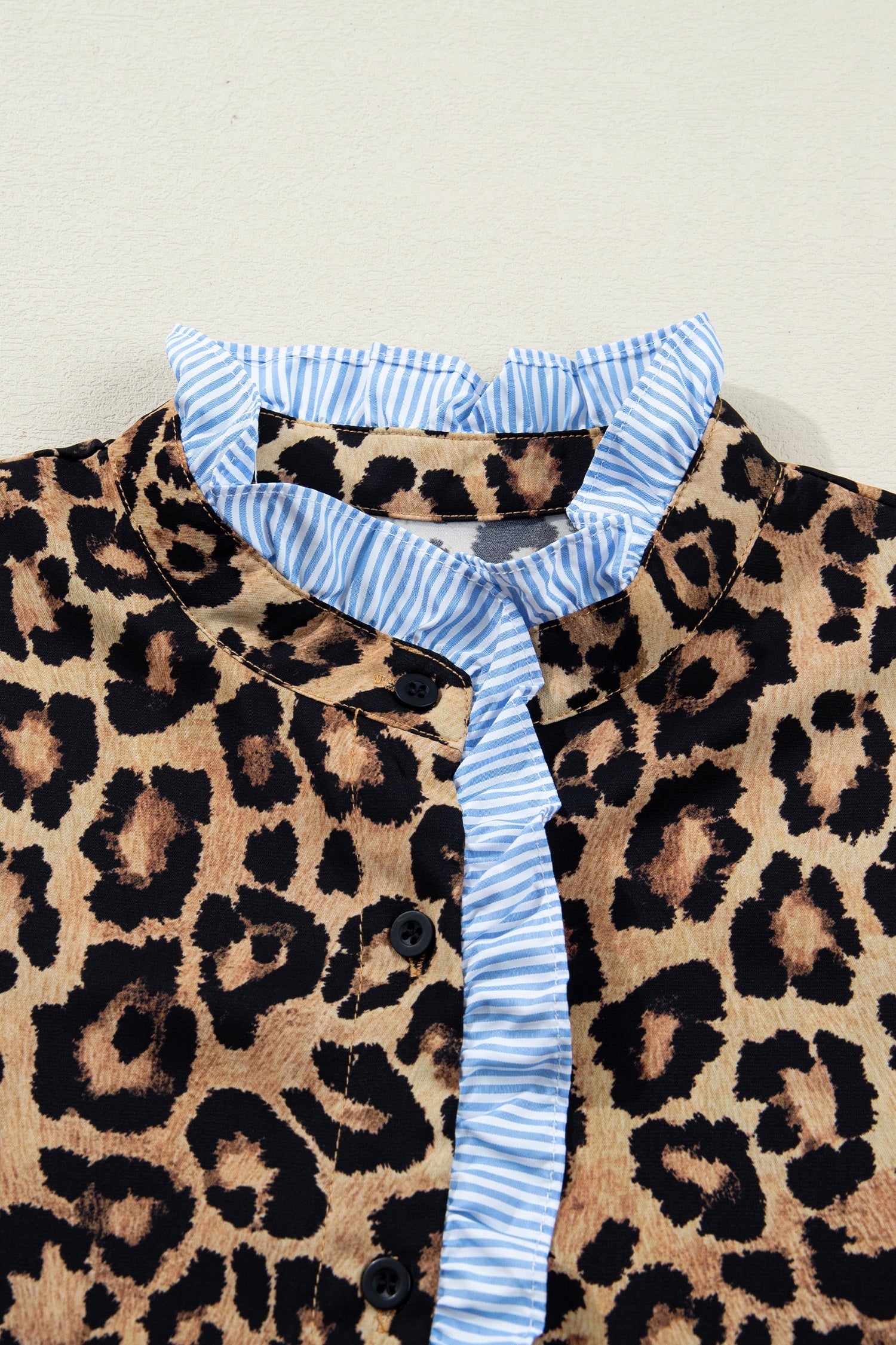 Leopard Frilled Stripe Trim Long Sleeve Shirt